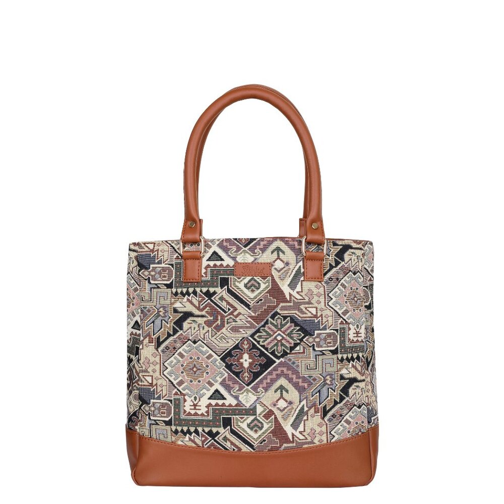 Ladies Geometric Tapestry Fabric Tote Bag | Shoulder Purse with vegan Top Handle